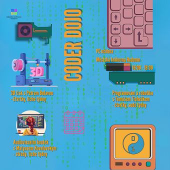 Klub CoderDojo
Máš 7-17 let a baví tě programování a práce s technologiemi? Přijď se podívat do našeho klubu CoderDojo. Scházíme se ve školním roce v naší počítačové učebně. Přihlašovat se můžete průběžně, vzor přihlášky najdete na našich webových stránkách a přihlásíte se přímo v knihovně 
v Oddělení pro děti.
